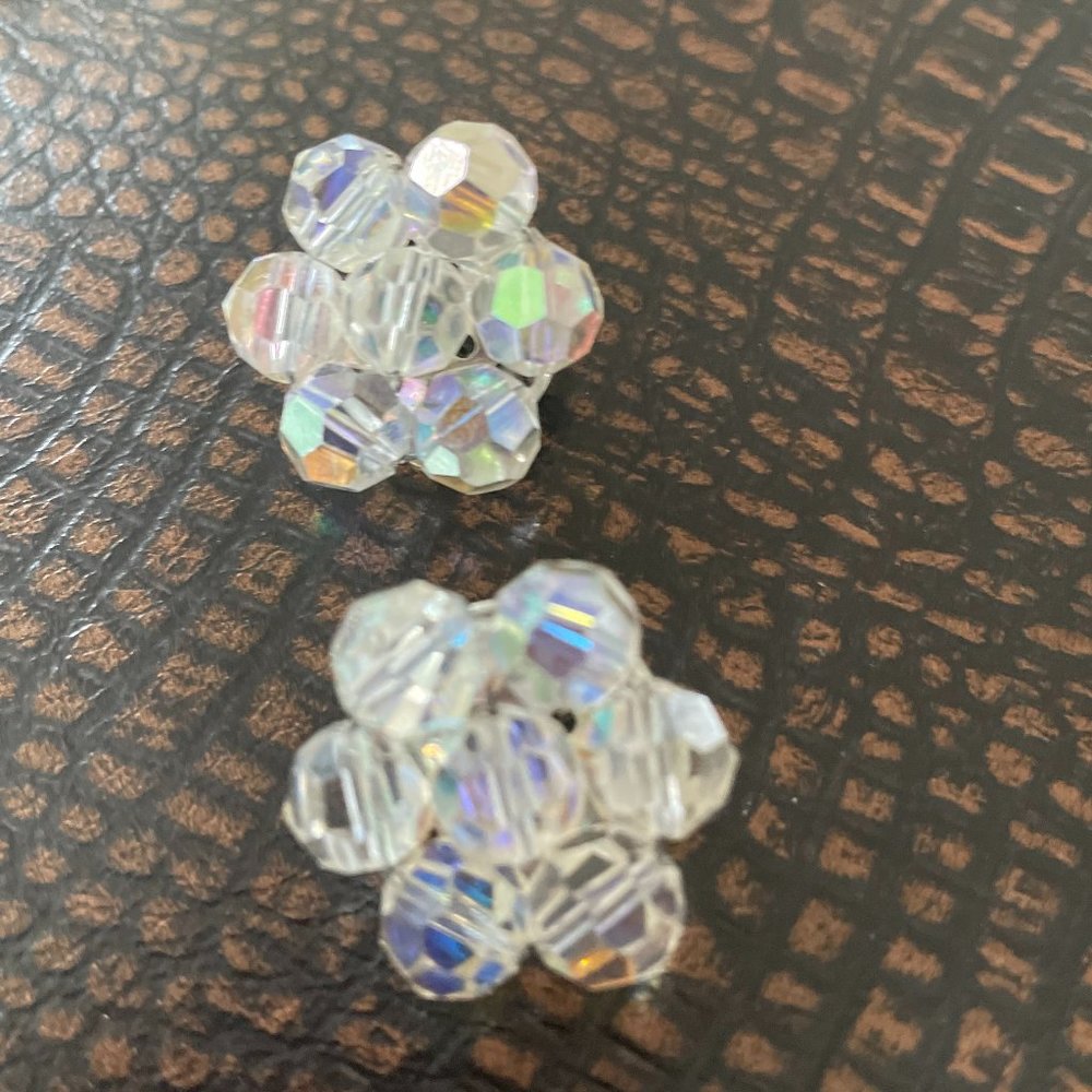 Two round AB rainbow color, very vintage silver clip on  flower shaped earrings